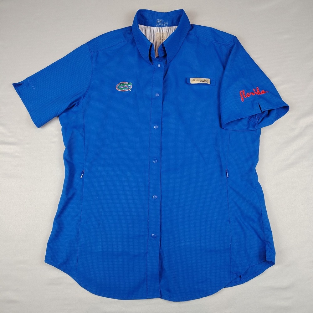 Columbia PFG Womens M Florida Gators Shirt Blue Snap Omni Shade Fishing